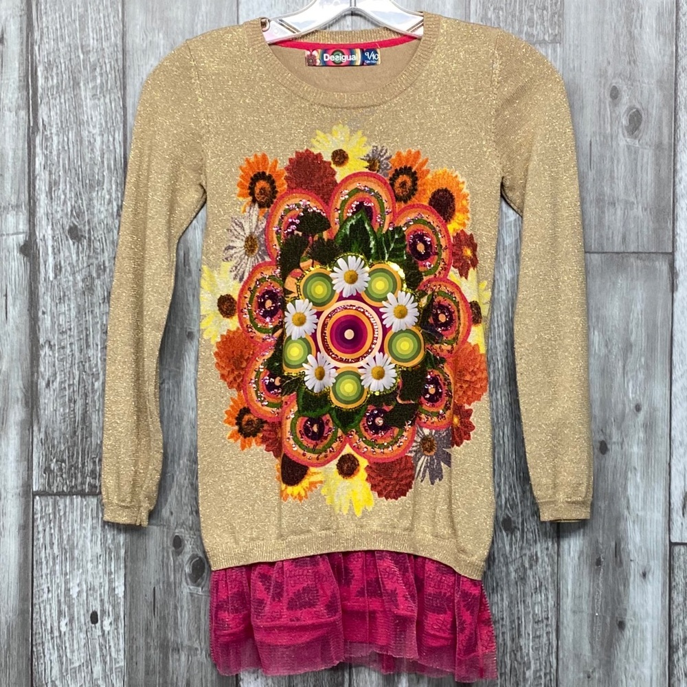 ⭐️Desigual Girls Gold Dress with Pink Tutu